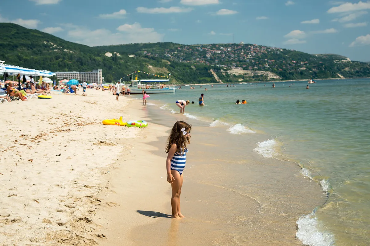 Wide sandy Blue Flag beach at Albena on the Black Sea, Bulgaria