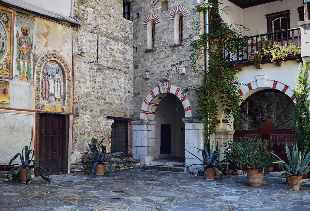 The historic exterior of Bachkovo Monastery nestled in the Rhodope Mountains of southern Bulgaria
