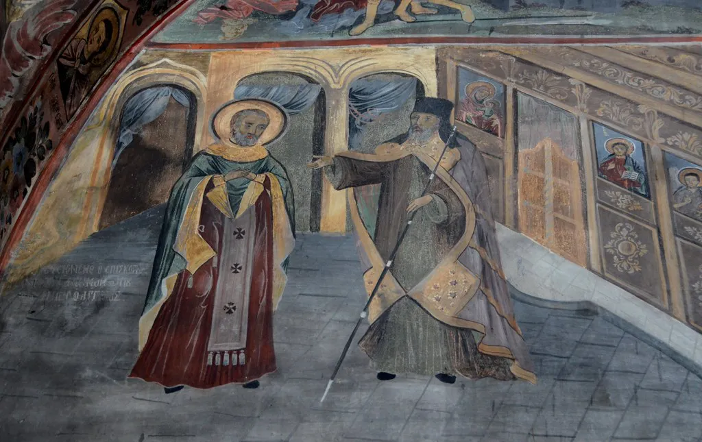 Medieval fresco murals inside the 17th-century refectory of Bachkovo Monastery in the Rhodope Mountains