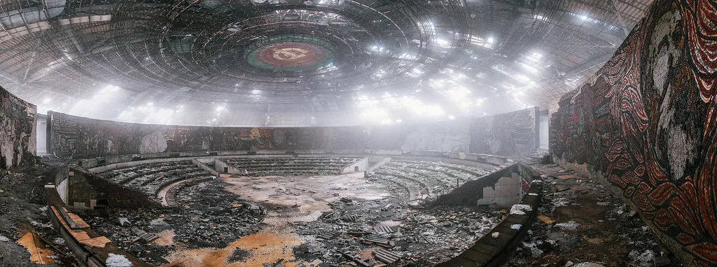 Decaying socialist-era mosaics inside the Buzludzha Monument near Kazanlak