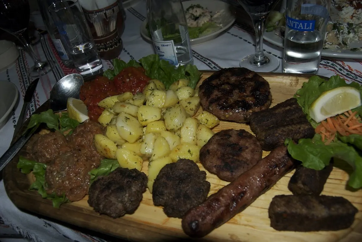 A traditional Bulgarian restaurant table with mezze