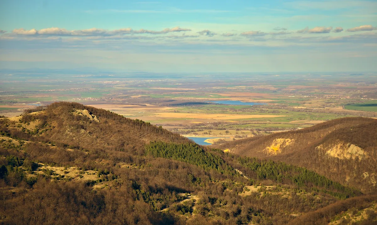 Dramatic forested ridges and limestone cliffs of the Rhodope Mountains in Bulgaria during spring