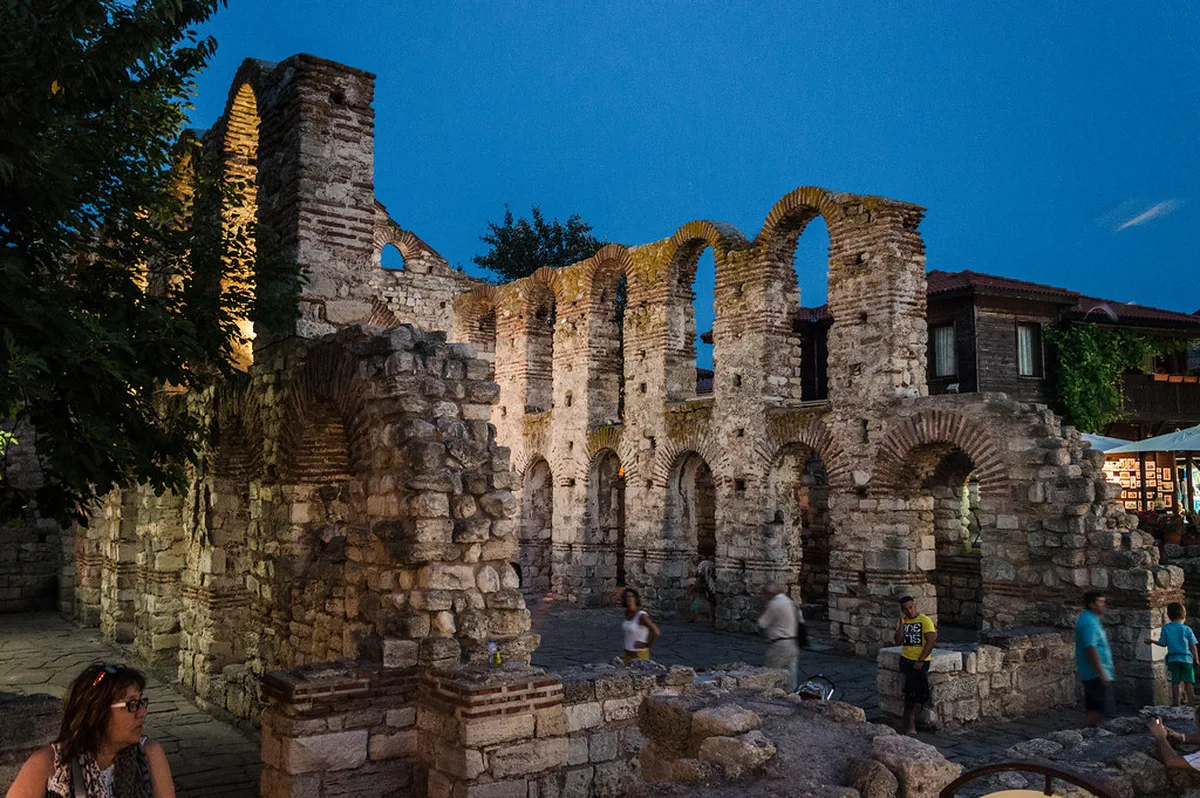 Historic wooden houses and ancient churches in the UNESCO old town of Nessebar on a Black Sea peninsula