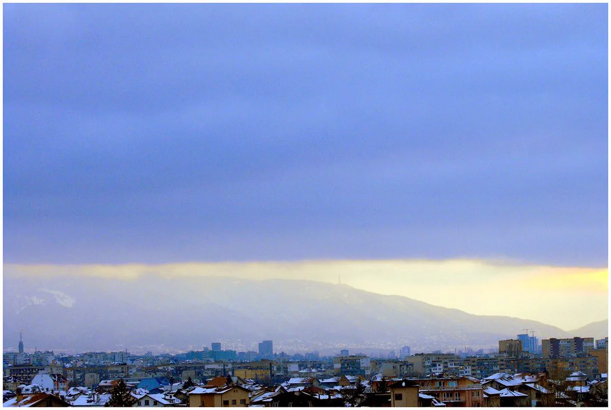 A quiet, snow-dusted Bulgarian coastal scene in the off-season when beach resorts are closed
