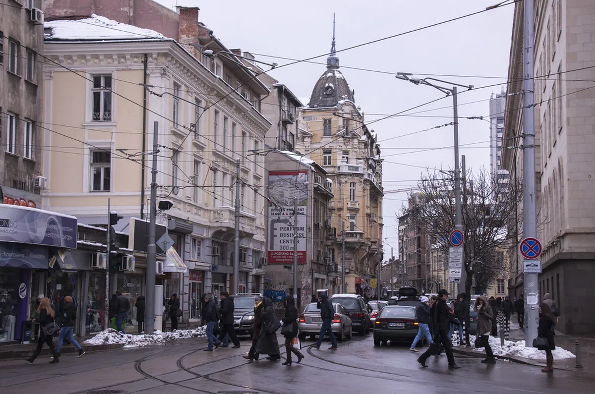 A busy pedestrian street in central Sofia, Bulgaria