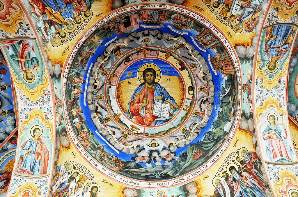 Rila Monastery's striped domes and bell tower