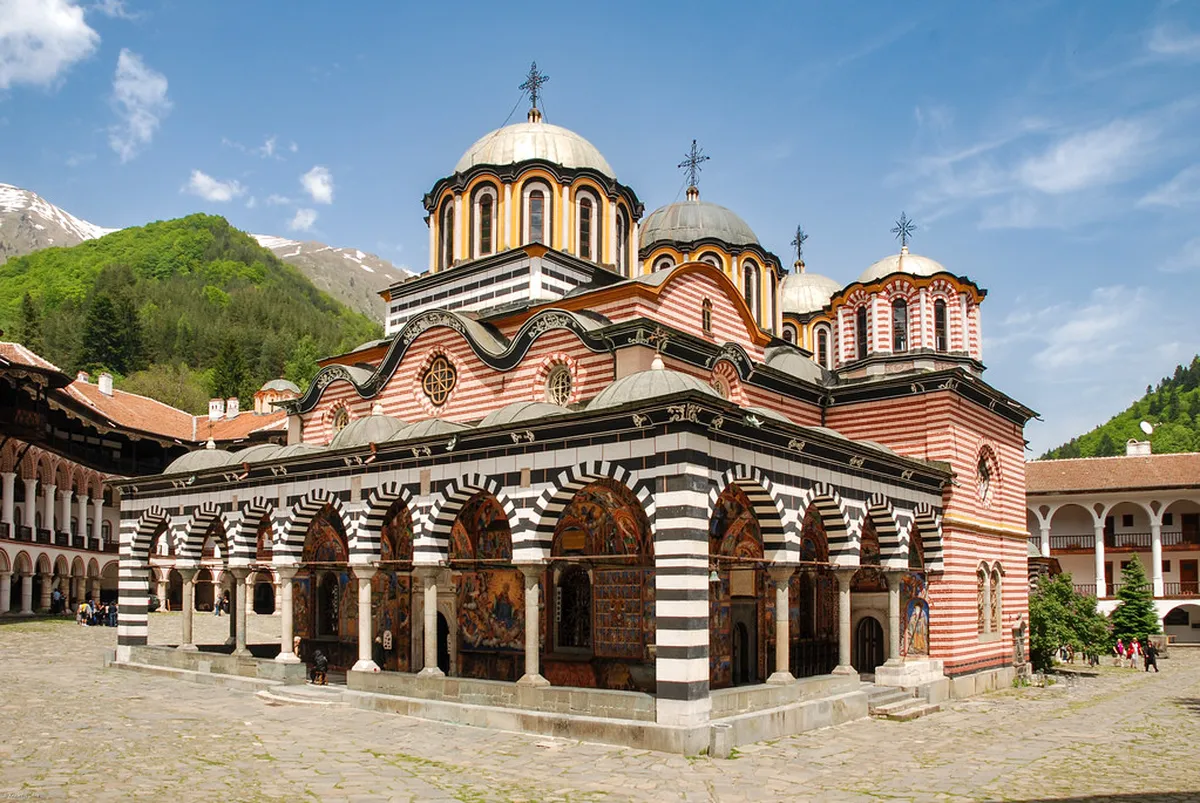 Visitors at Rila Monastery in Bulgaria