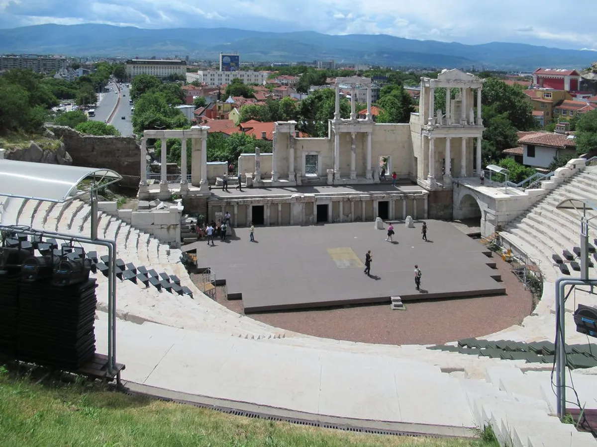 Ancient Roman theater ruins in Plovdiv Bulgaria with historic architecture overlooking the city