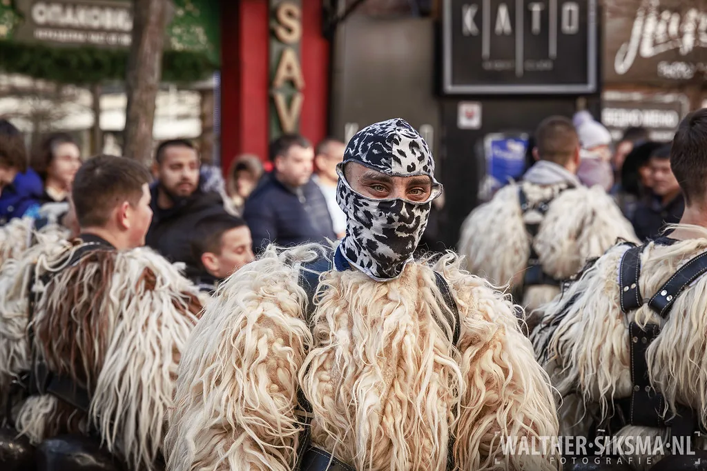 Elaborate carved kukeri masks at the Surva festival in Pernik