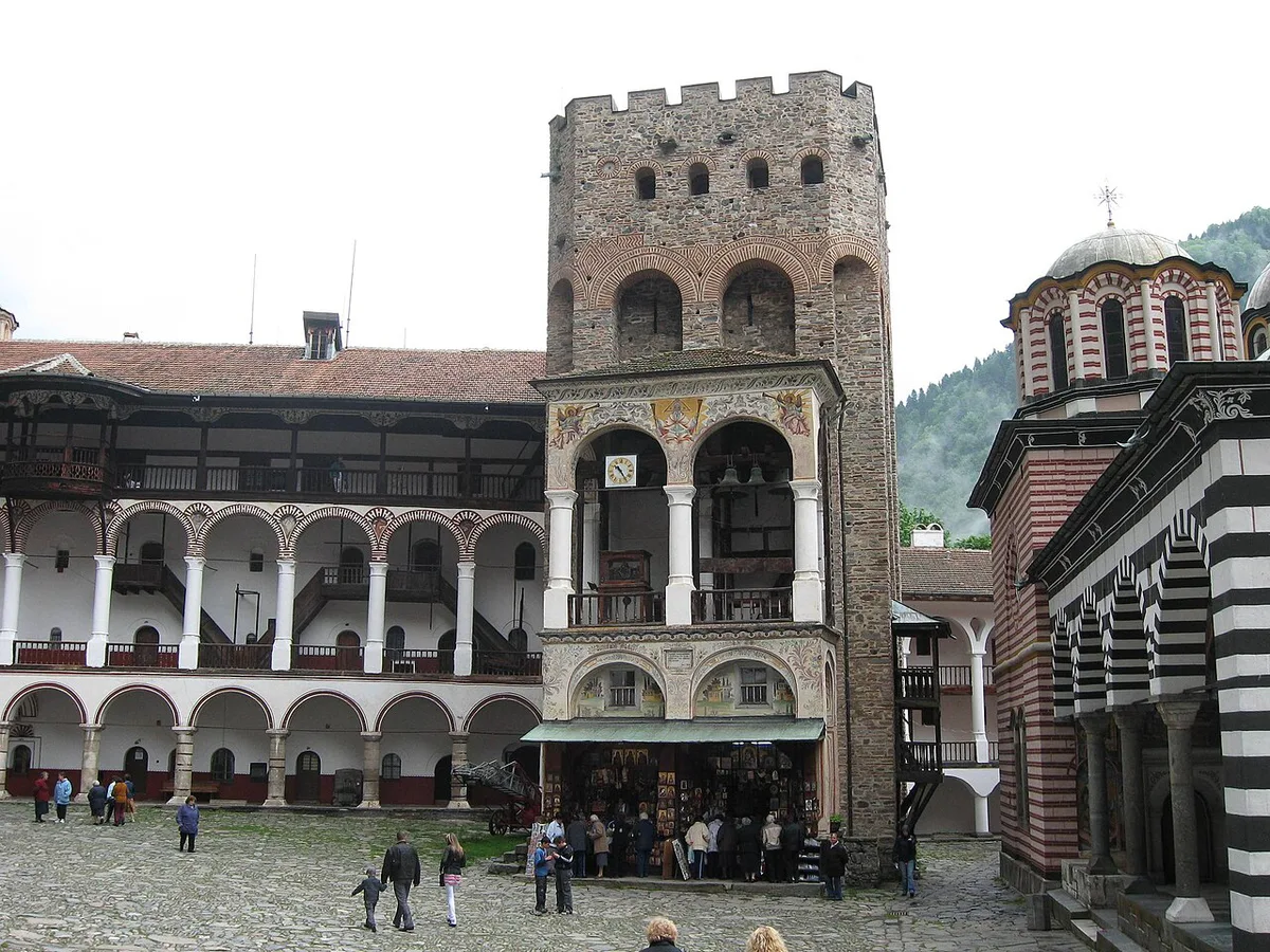 Rila Monastery courtyard and striped arcades near Sapareva Banya, Bulgaria — 1