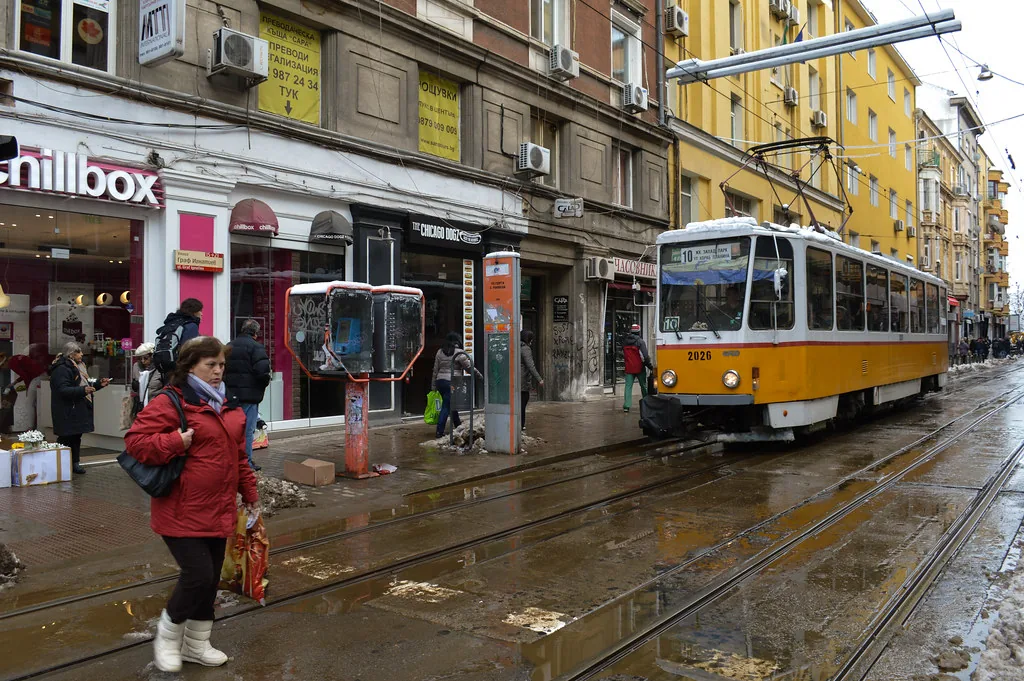 Crossing the street in Sofia, Bulgaria