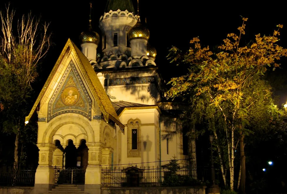 Russian church at night in Sofia, Bulgaria