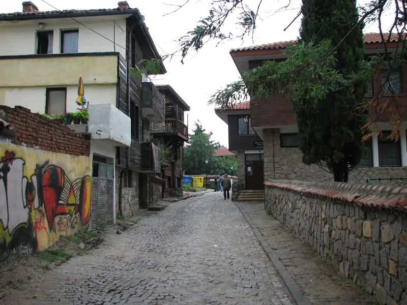 Sozopol's old town wooden houses above the Black Sea in Bulgaria