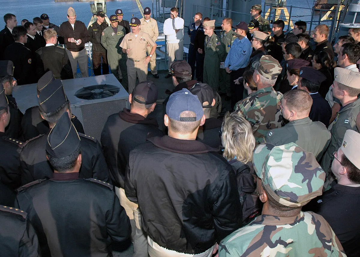 US Navy 070920-N-5120C-204 Rear Adm. Robert M. Clark welcomes sailors from Azerbaijan  Bulgaria  Georgia  Romania  and Ukraine aboard amphibious command ship USS Mount Whitney (LCC 20) at the commencement of the Black Sea Partn — 2