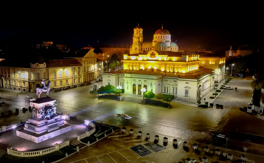 Square by night in Sofia, Bulgaria