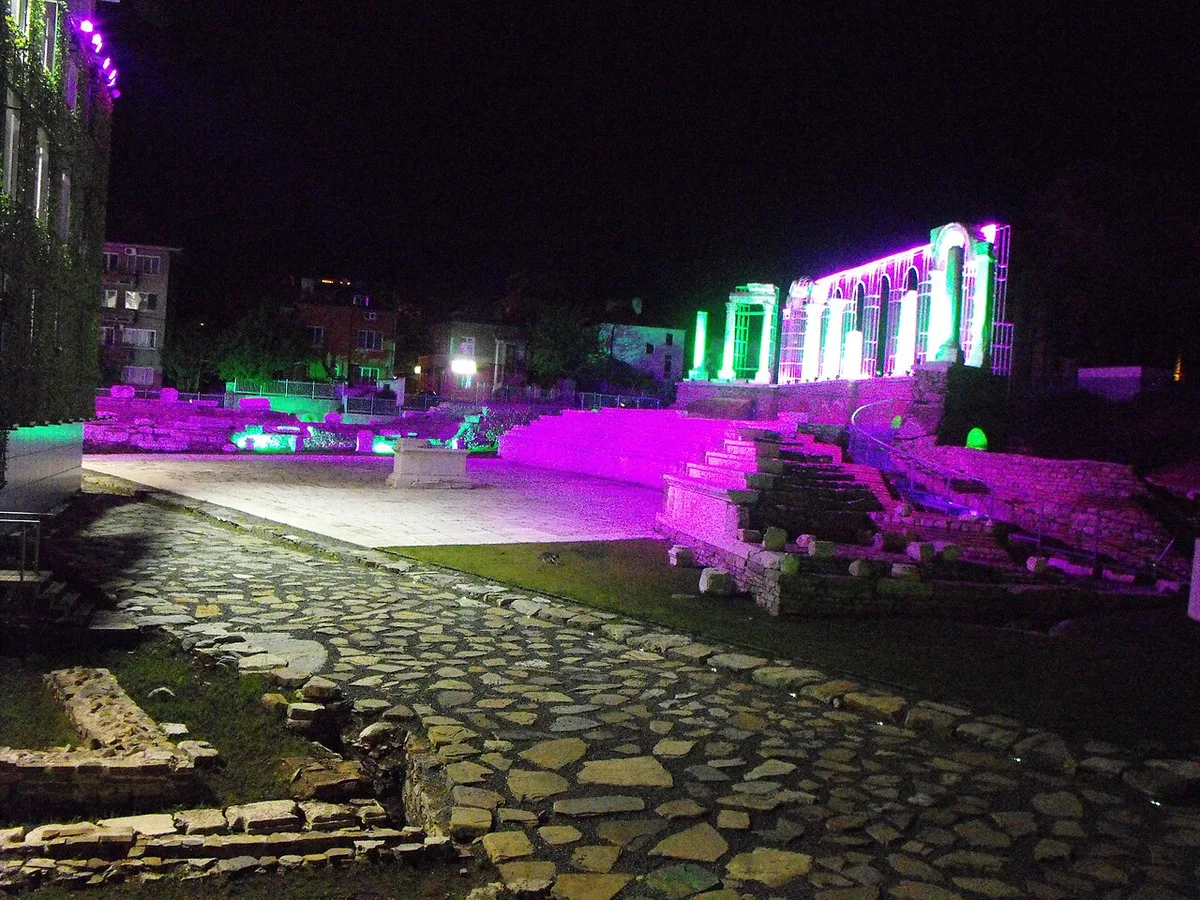 Illuminated stone paving and auditorium remains at the Roman Forum of Augusta Traiana in Stara Zagora
