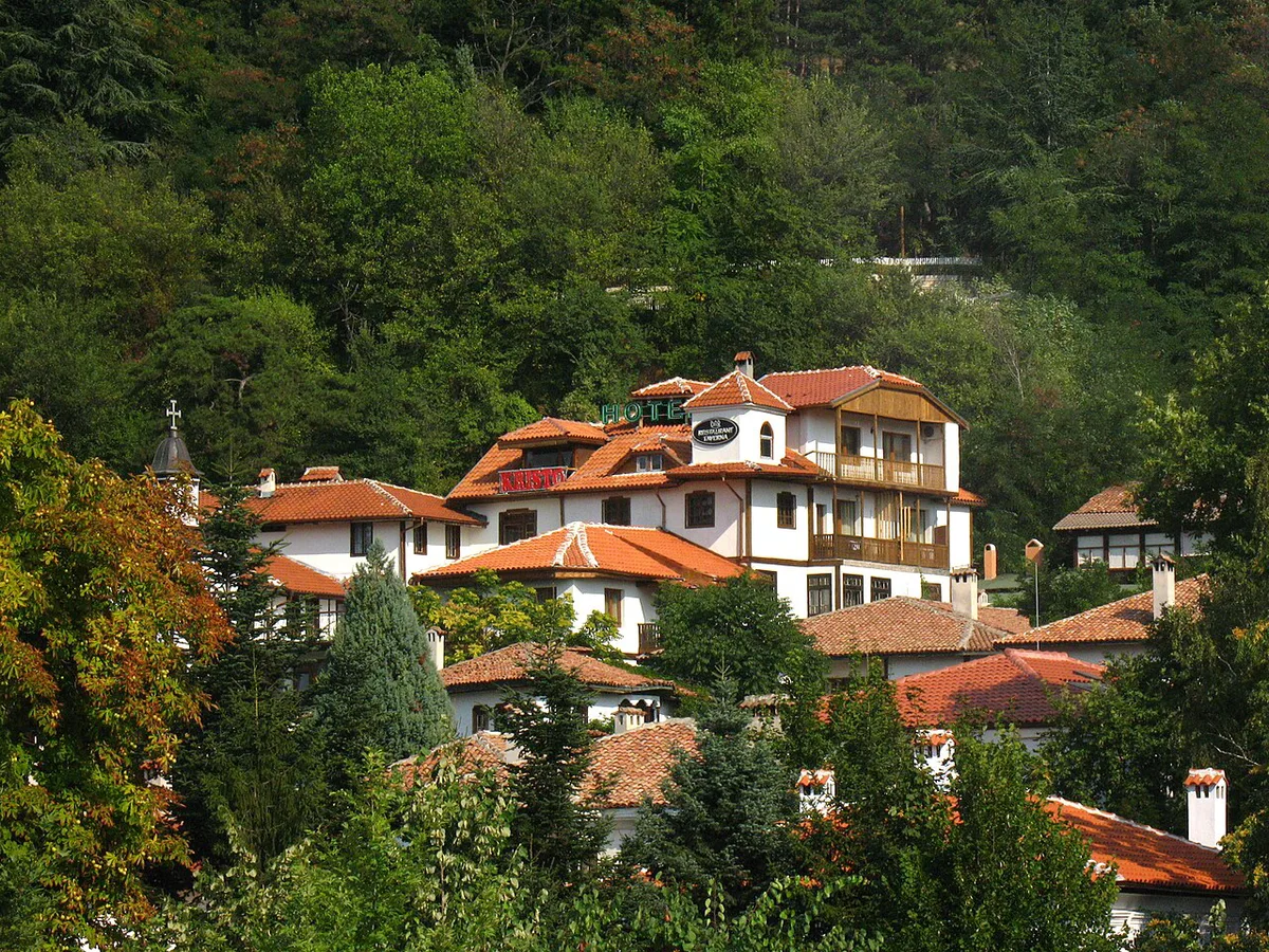 Traditional Bulgarian National Revival houses along a lane in the Varosha quarter, Blagoevgrad, Bulgaria — 2